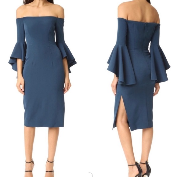 Milly Selena Slit Off The Shoulder Ruffle Tiered Sleeve Dress In Teal - Picture 1 of 11